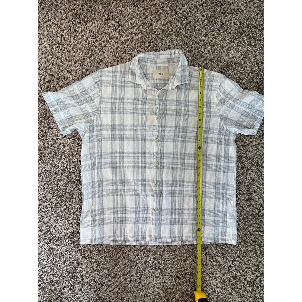 Folk Mens Blue White Plaid Cotton Linen Short Sleeve Camp Collar Shirt Large